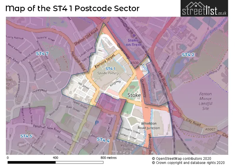 Map of the ST4 1 and surrounding postcode sector