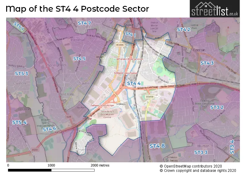 Map of the ST4 4 and surrounding postcode sector