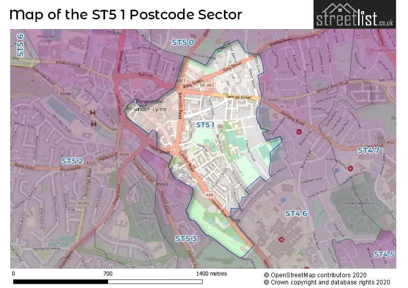 Map of the ST5 1 and surrounding postcode sector