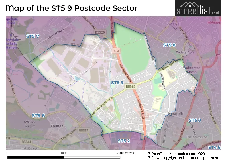 Map of the ST5 9 and surrounding postcode sector