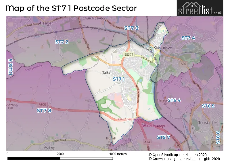 Map of the ST7 1 and surrounding postcode sector