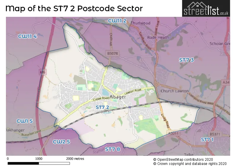 Map of the ST7 2 and surrounding postcode sector