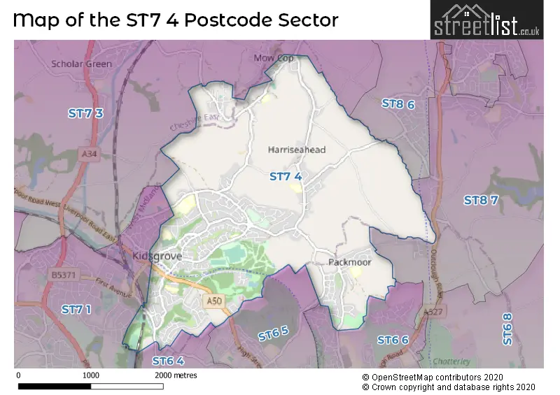 Map of the ST7 4 and surrounding postcode sector