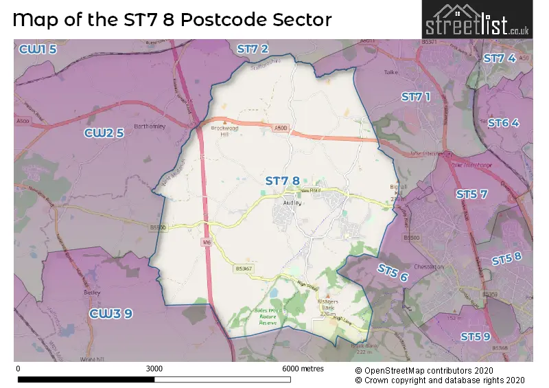 Map of the ST7 8 and surrounding postcode sector