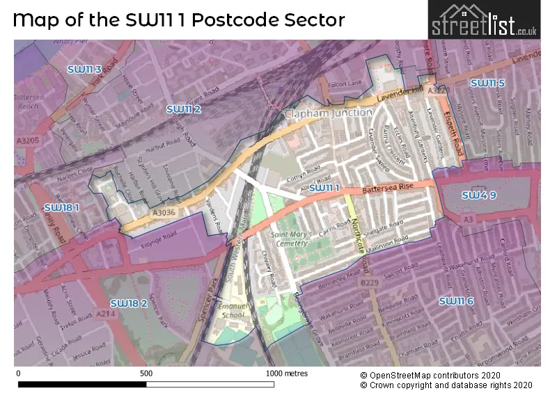 Map of the SW11 1 and surrounding postcode sector