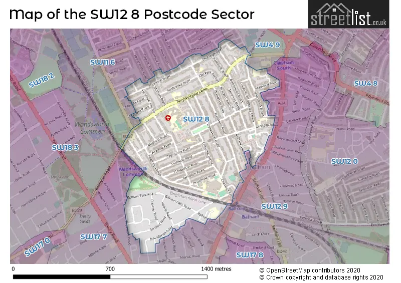 Map of the SW12 8 and surrounding postcode sector