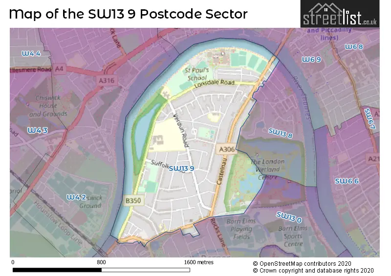 Map of the SW13 9 and surrounding postcode sector