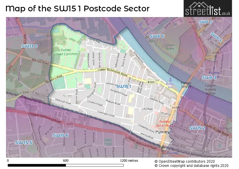 Map of the SW15 1 and surrounding postcode sector