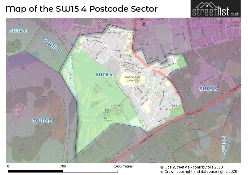 Map of the SW15 4 and surrounding postcode sector