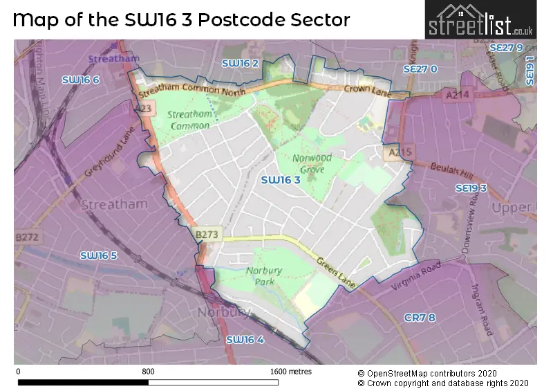 Map of the SW16 3 and surrounding postcode sector
