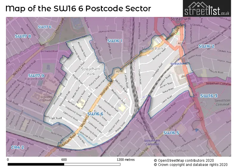 Map of the SW16 6 and surrounding postcode sector