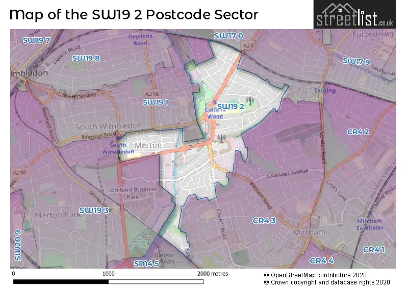 Map of the SW19 2 and surrounding postcode sector