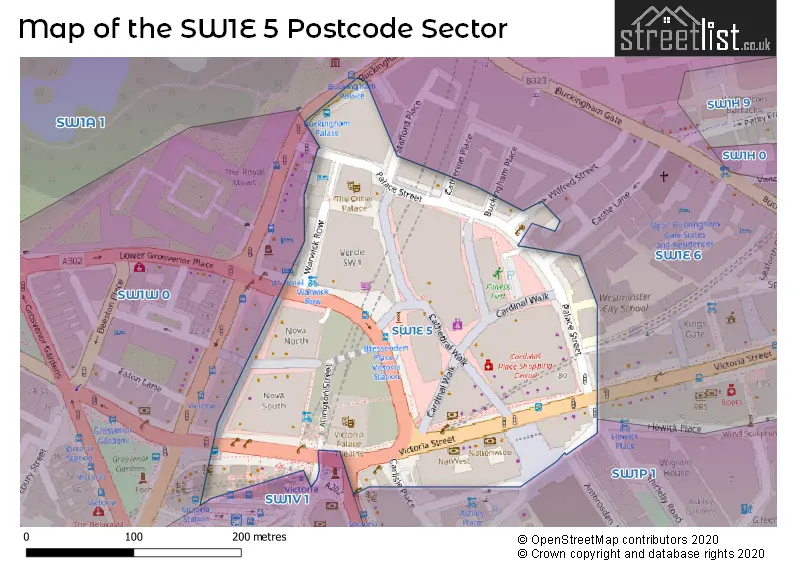 Map of the SW1E 5 and surrounding postcode sector