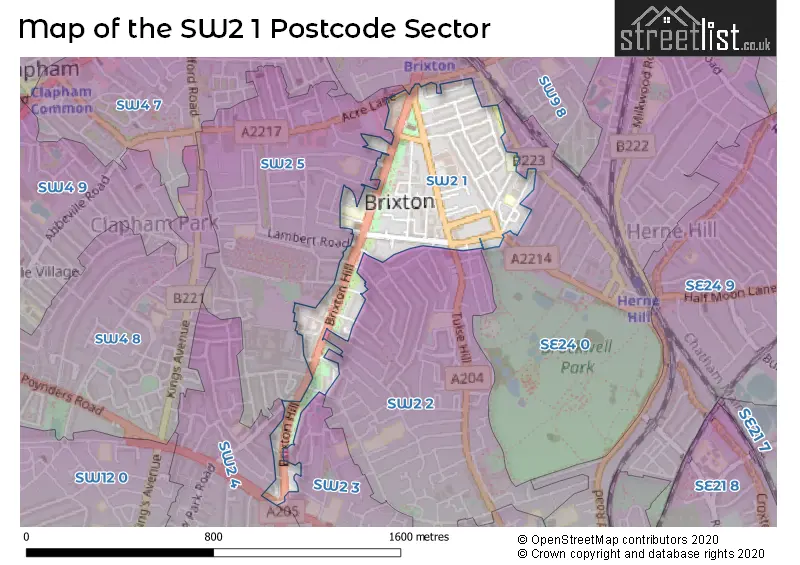 Map of the SW2 1 and surrounding postcode sector