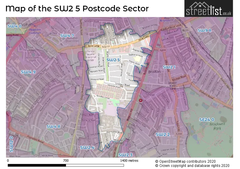 Map of the SW2 5 and surrounding postcode sector