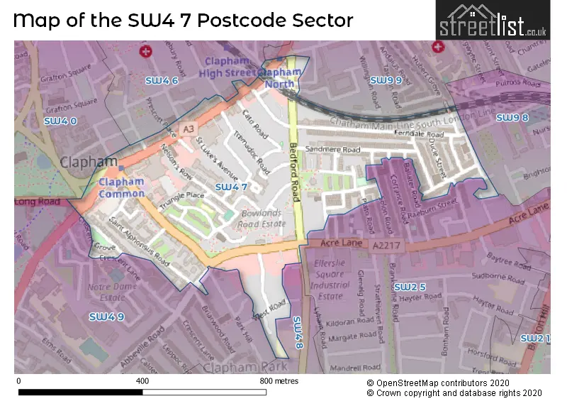 Map of the SW4 7 and surrounding postcode sector