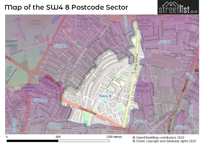 Map of the SW4 8 and surrounding postcode sector