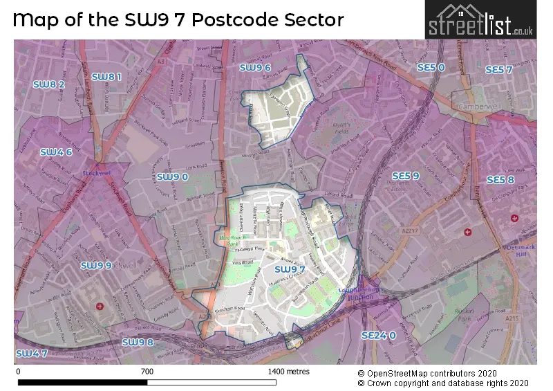 Map of the SW9 7 and surrounding postcode sector