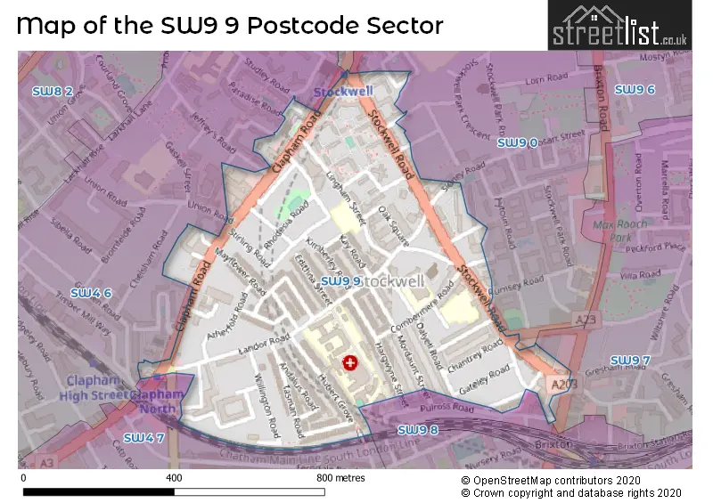 Map of the SW9 9 and surrounding postcode sector