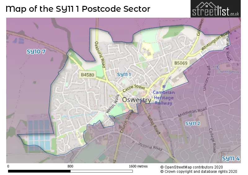 Map of the SY11 1 and surrounding postcode sector