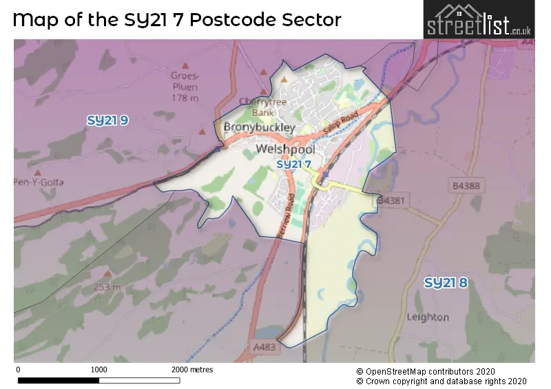 Map of the SY21 7 and surrounding postcode sector