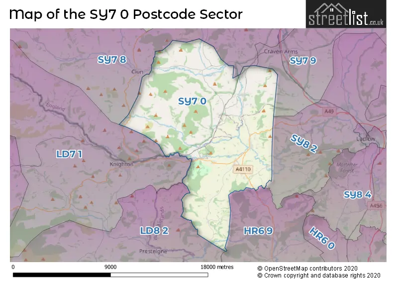 Map of the SY7 0 and surrounding postcode sector