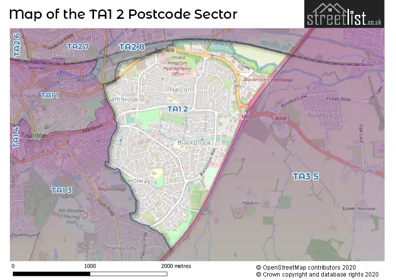 Map of the TA1 2 and surrounding postcode sector