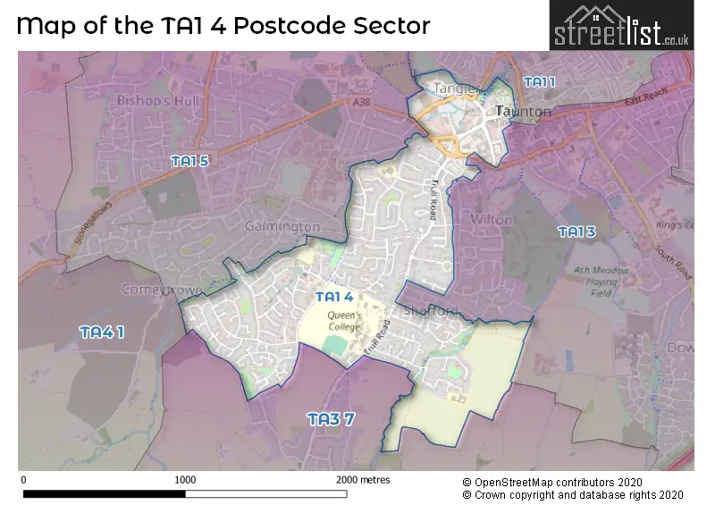 Map of the TA1 4 and surrounding postcode sector