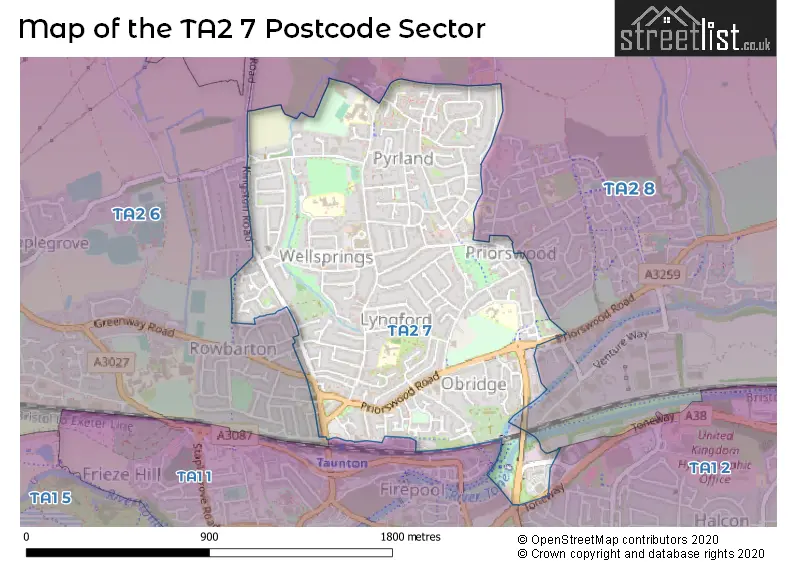 Map of the TA2 7 and surrounding postcode sector