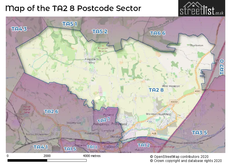 Map of the TA2 8 and surrounding postcode sector