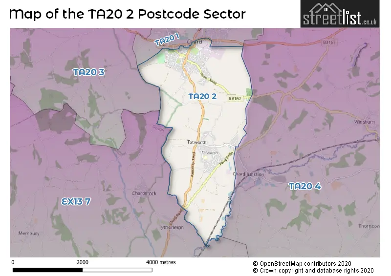 Map of the TA20 2 and surrounding postcode sector