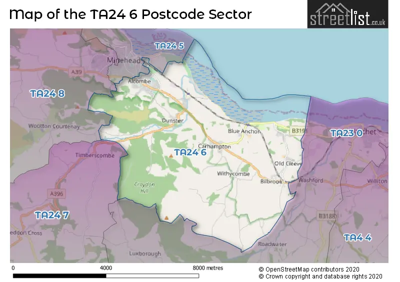 Map of the TA24 6 and surrounding postcode sector