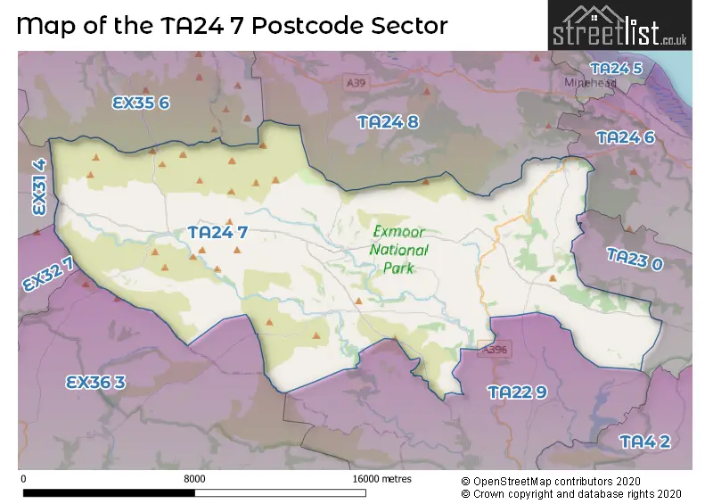 Map of the TA24 7 and surrounding postcode sector