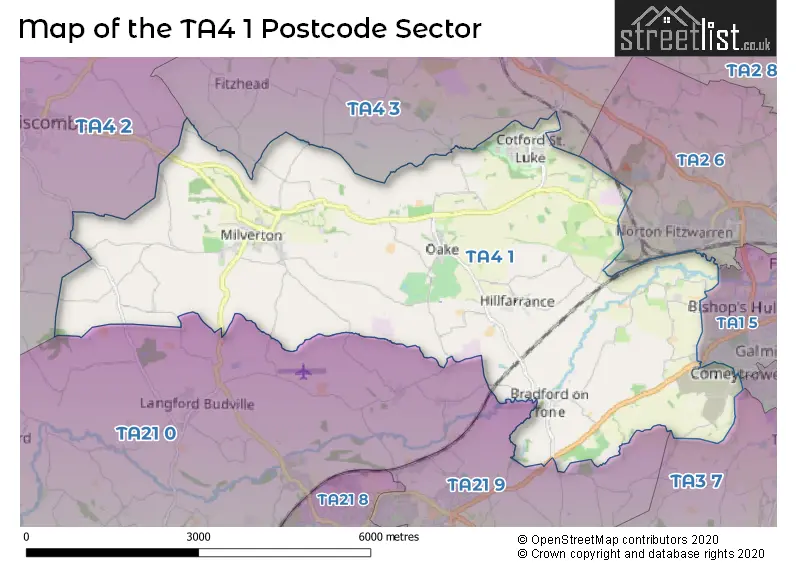 Map of the TA4 1 and surrounding postcode sector