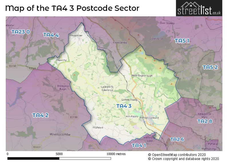 Map of the TA4 3 and surrounding postcode sector