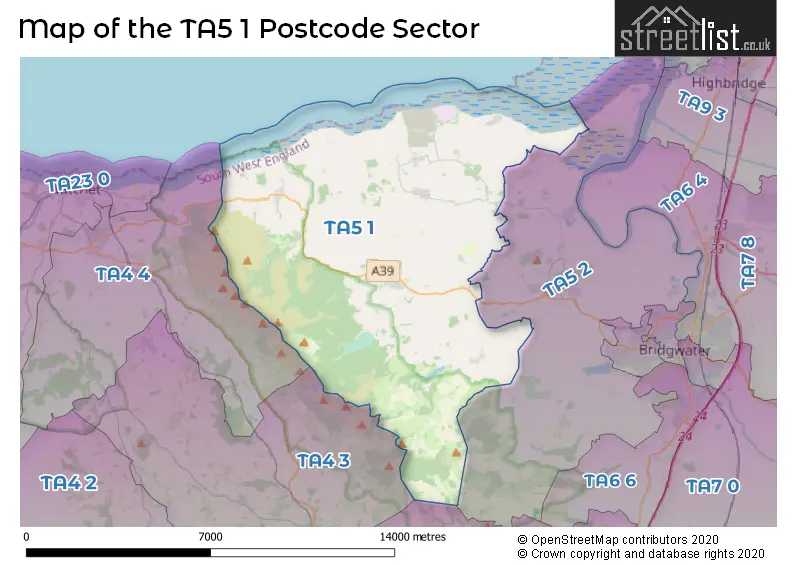 Map of the TA5 1 and surrounding postcode sector