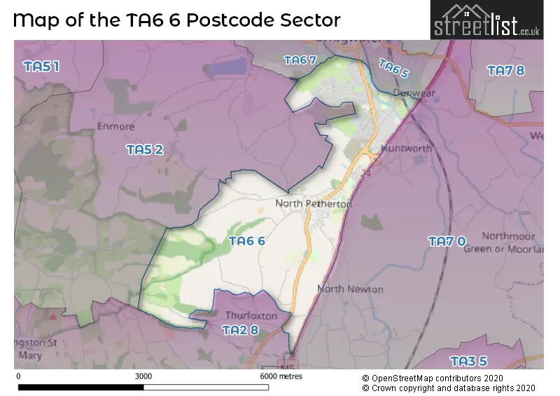 Map of the TA6 6 and surrounding postcode sector