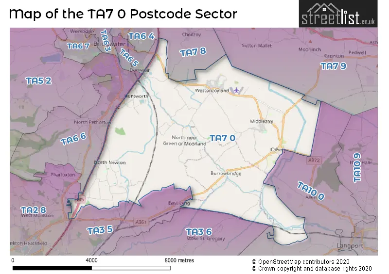 Map of the TA7 0 and surrounding postcode sector