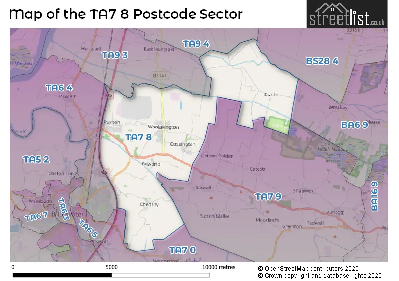 Map of the TA7 8 and surrounding postcode sector