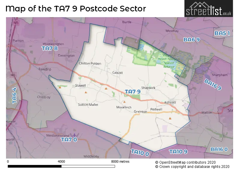 Map of the TA7 9 and surrounding postcode sector