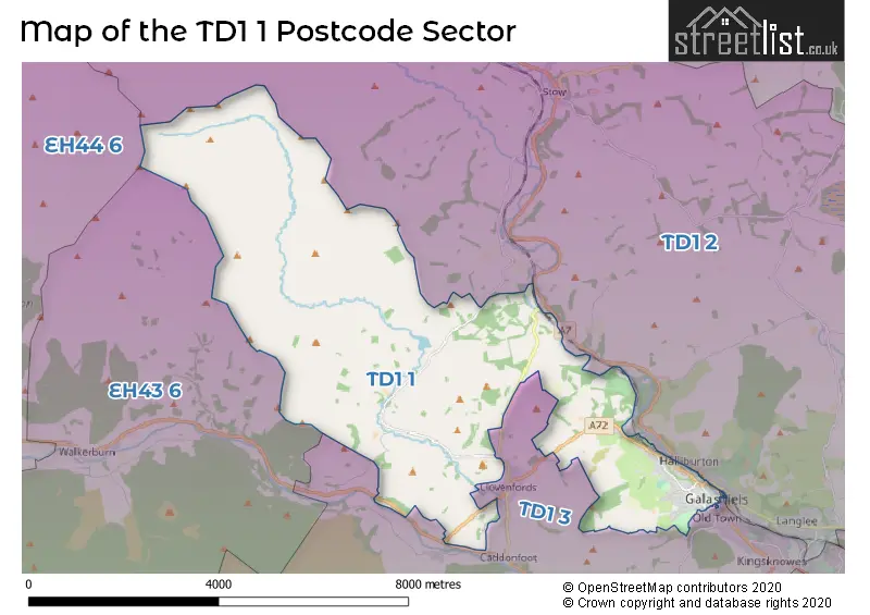 Map of the TD1 1 and surrounding postcode sector