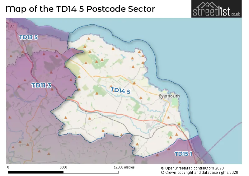 Map of the TD14 5 and surrounding postcode sector