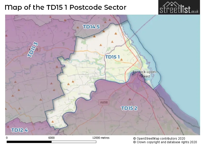 Map of the TD15 1 and surrounding postcode sector