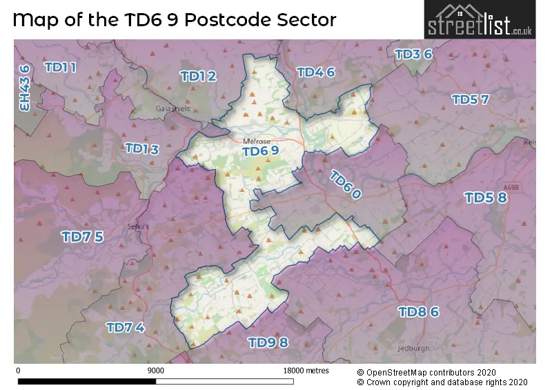 Map of the TD6 9 and surrounding postcode sector