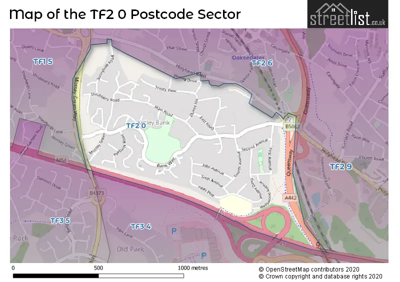 Map of the TF2 0 and surrounding postcode sector