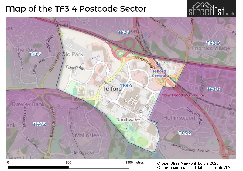 Map of the TF3 4 and surrounding postcode sector