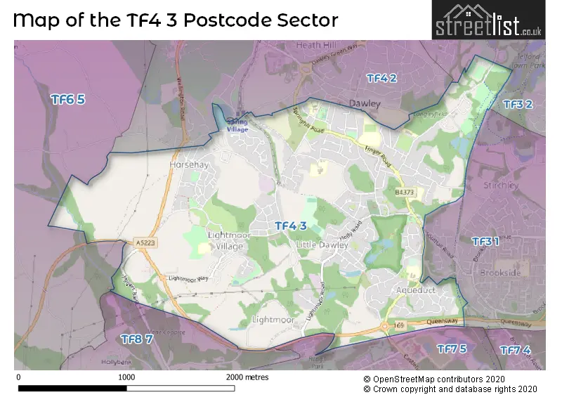 Map of the TF4 3 and surrounding postcode sector