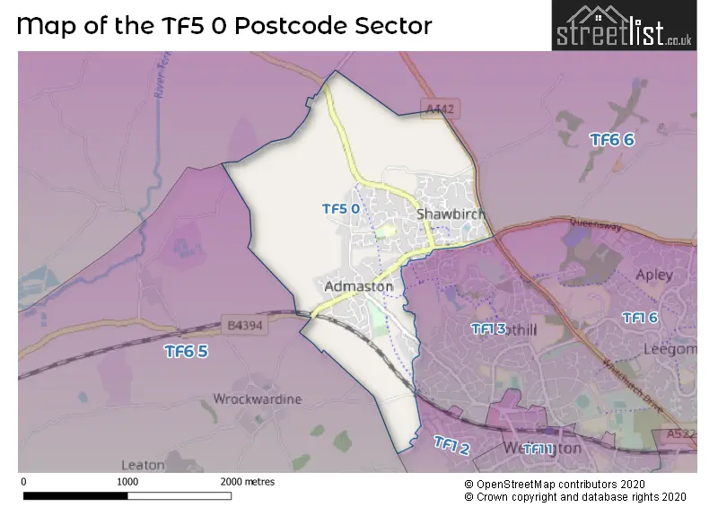 Map of the TF5 0 and surrounding postcode sector