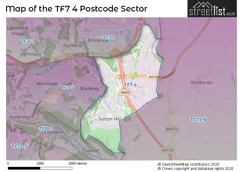 Map of the TF7 4 and surrounding postcode sector