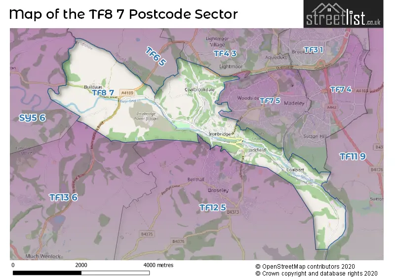 Map of the TF8 7 and surrounding postcode sector